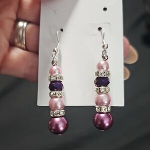 Handmade Elegant Pink & Purple Pearl Drop Earrings with Rhinestone Accents